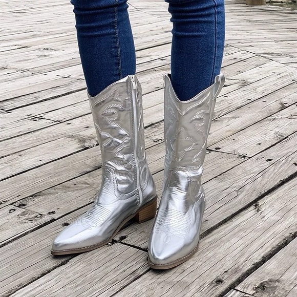 AT COST 🛑Country Silver grey Western Cowgirl Boots Leather Side Zipper cowboy - Picture 2 of 3